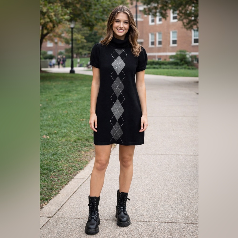 Sweater Project Y2K 90s Black/White Argyle Cowl Neck Puffed Sleeves Mini Dress